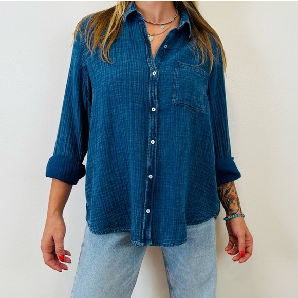 LOLA RIVER blue Malia Gauze Shirt button down - Picture 1 of 12
